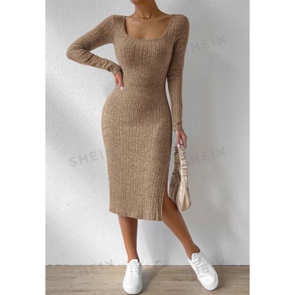 Shein Womens Ribbed Scoop Neck Midi Split Thigh Bodycon Brown Dress Sz XS - Picture 1 of 9